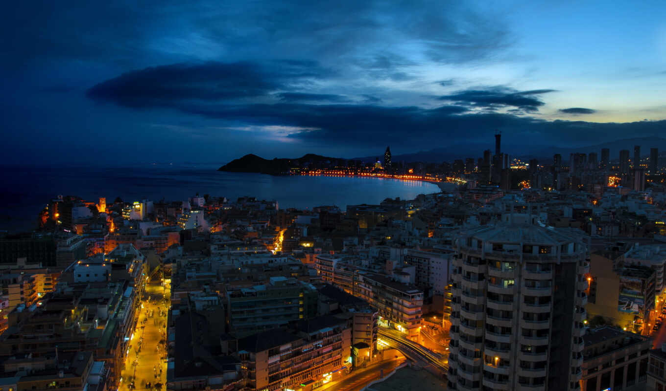 city, night, architecture, Spain, benidorm