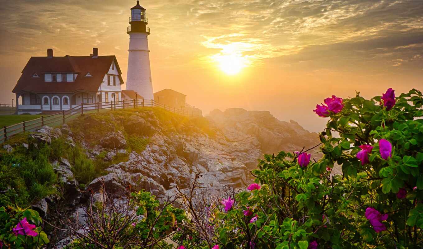 природа, фото, рассвет, rock, building, landscape, lighthouse, род, утро, красивый