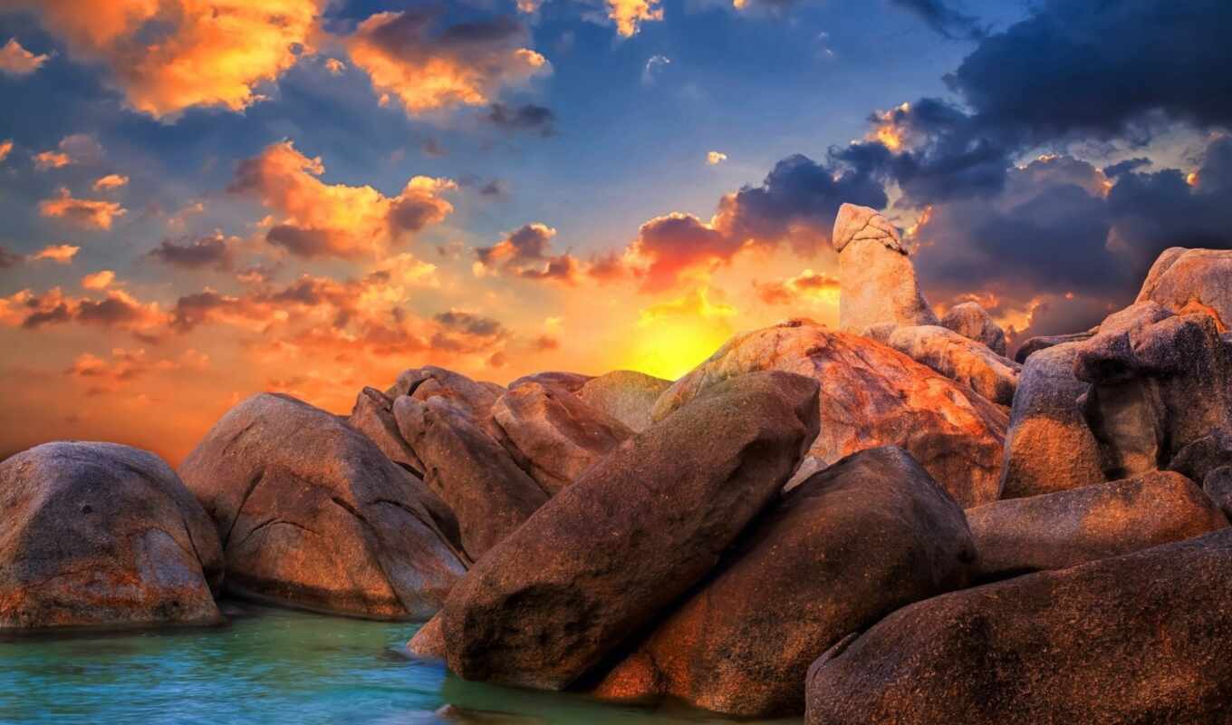 sunset, beach, rock, landscape, thailand
