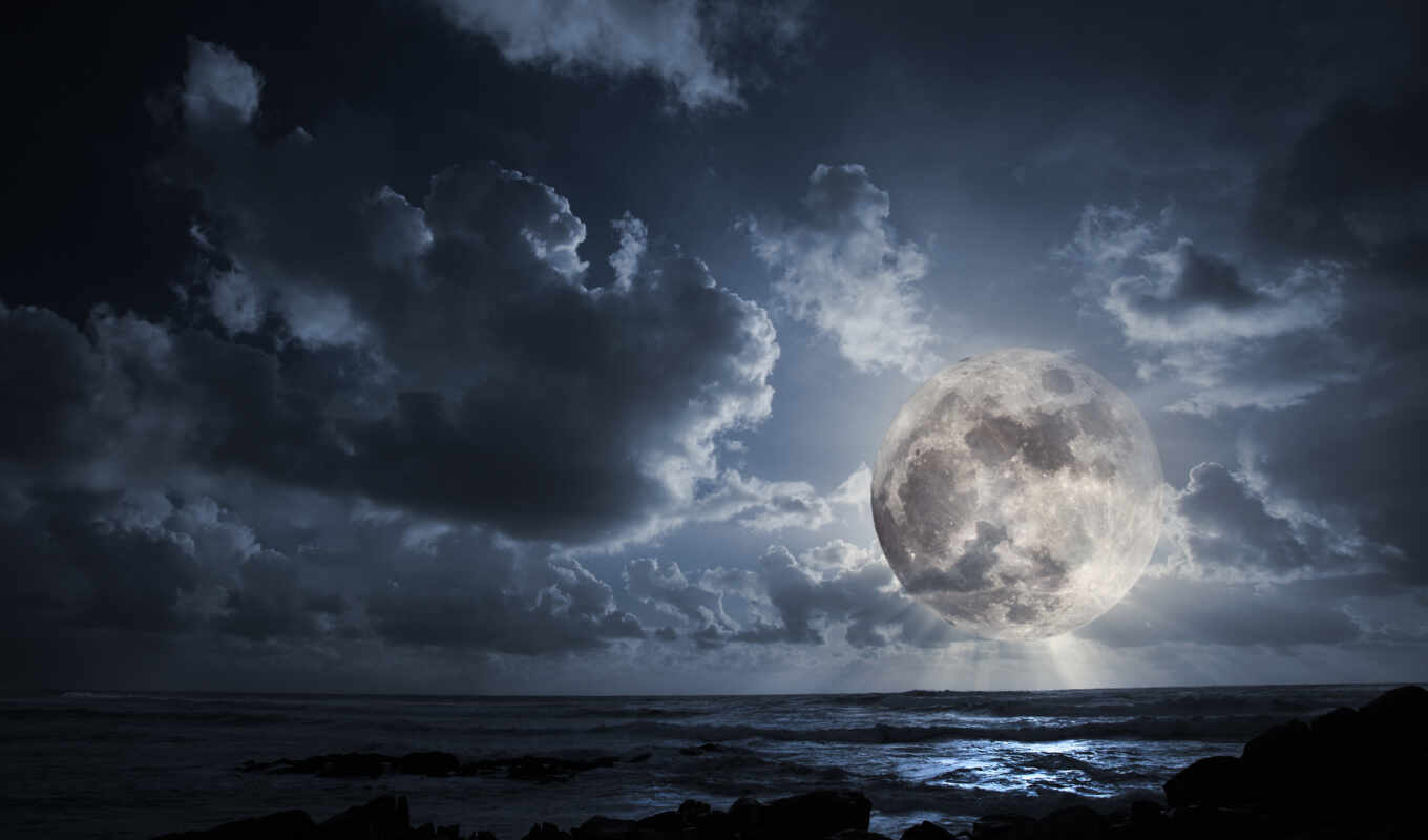 луна, ночь, океан, вечер, светила, облака, ясная, тот, full, 