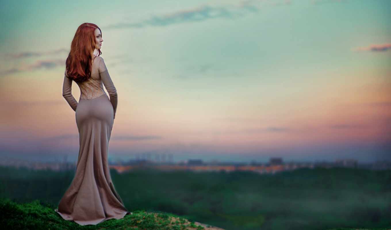 nature, sky, grass, dress, beauty, lady, people in nature