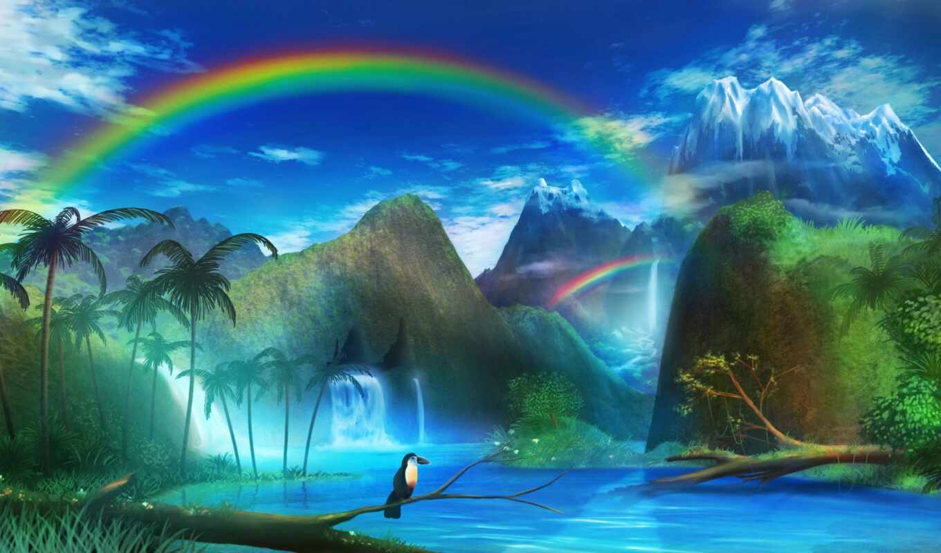 house, rainbow, mountain, landscape, fantastic, bird, river, waterfall, art, drawing, monoris