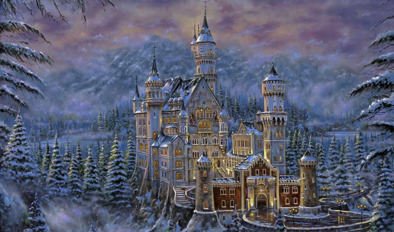drawing, castle, robert, christmas trees, mountains, final