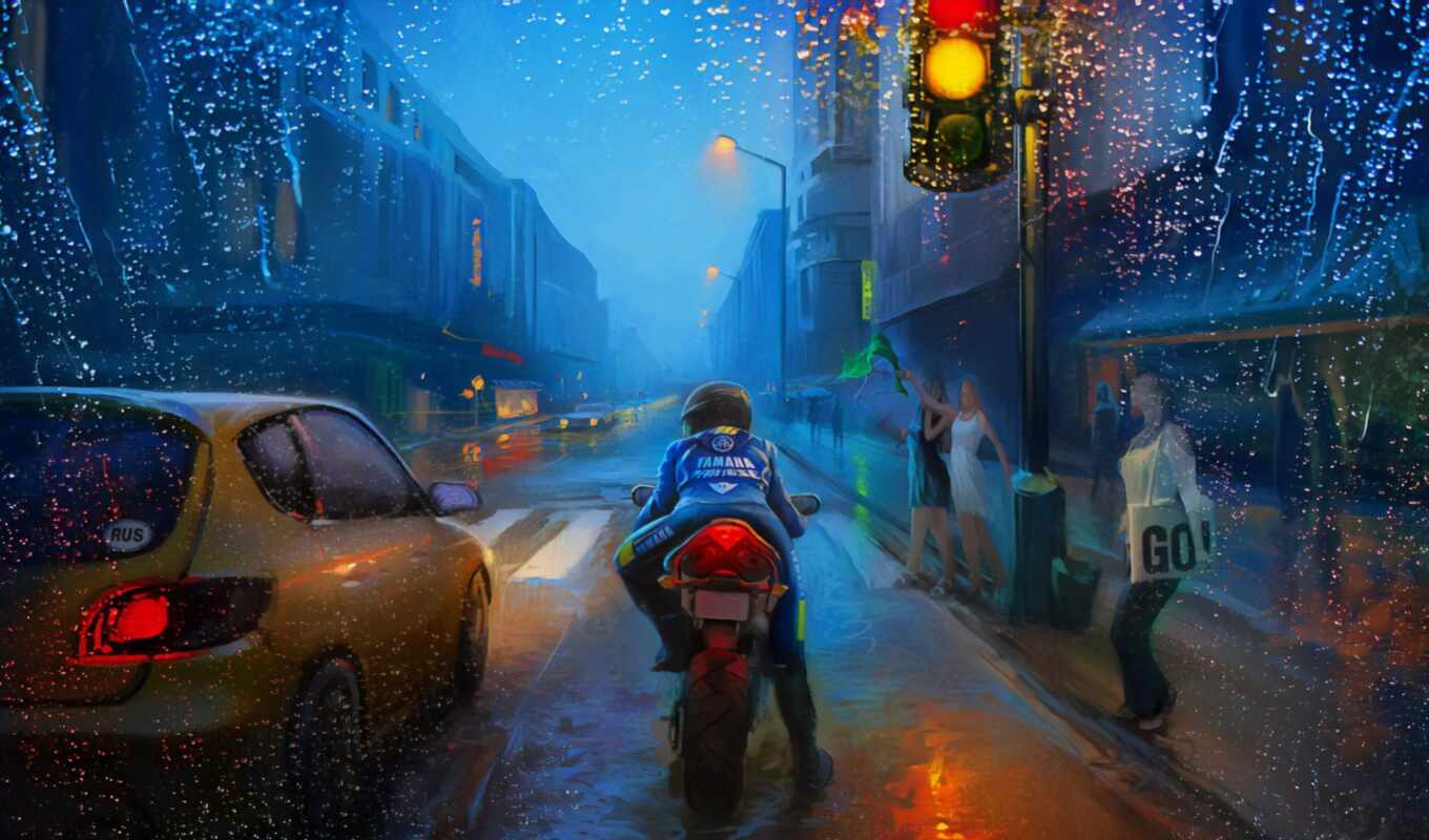 фото, art, фон, мотоцикл, дождь, город, car, artwork, race, urban, traffic