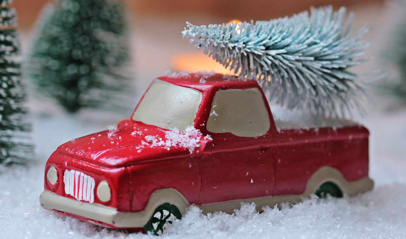 photo, red, tree, snow, car, christmas, gift, holiday, truck, decoration, decor