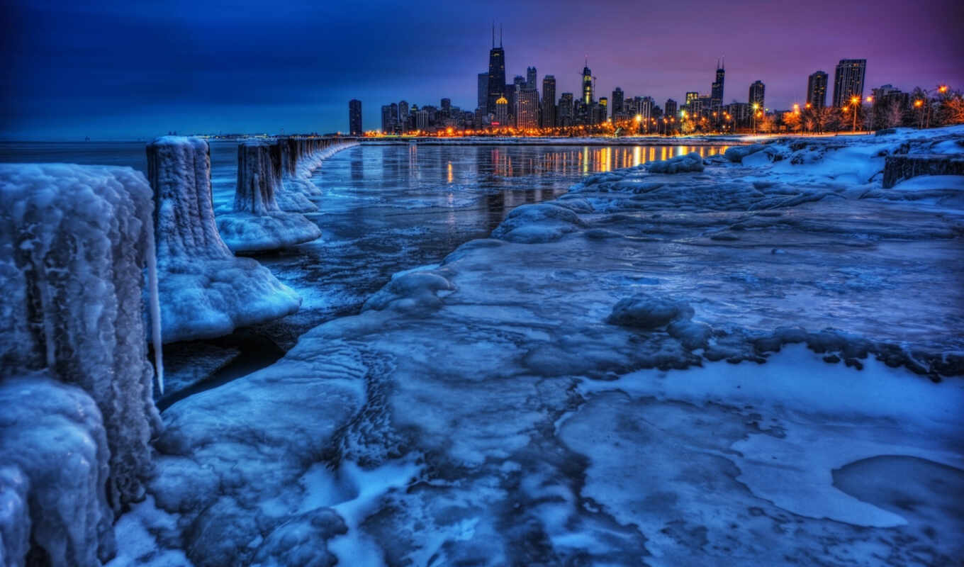 view, completely, ice, city, winter, evening, landscape