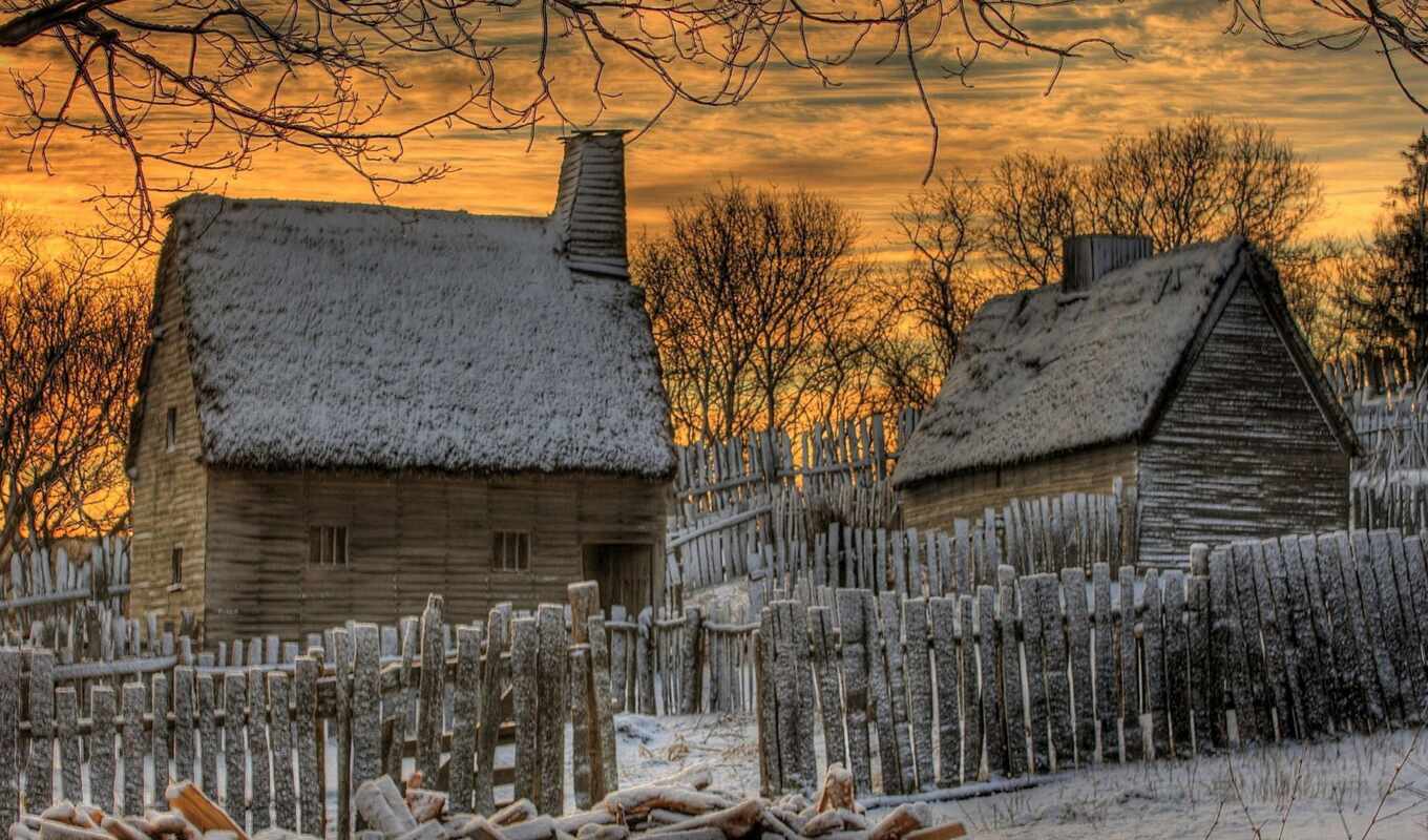 house, home, закат, снег, winter, country, крыша, забор, thatch
