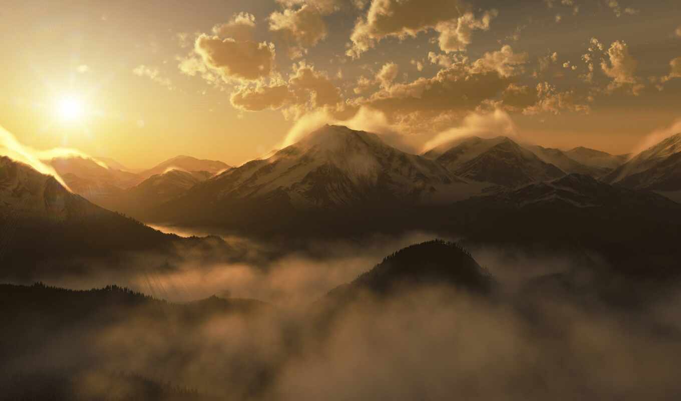 sun, mountain, morning, fog, rising