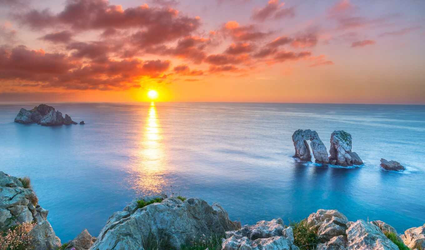 nature, window, sunset, rock, sea, coast, scenery, Spain, microsoft