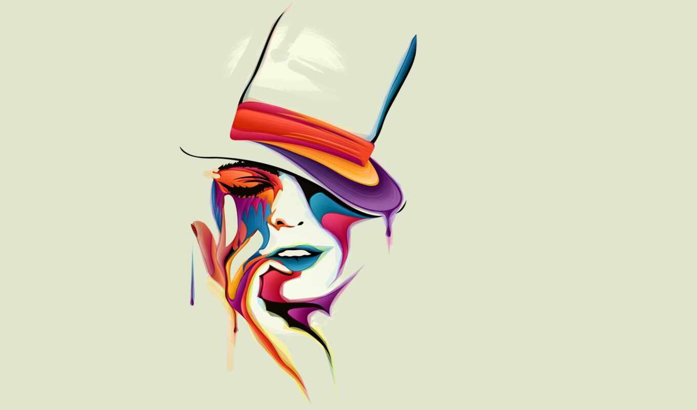 hat, art, woman, colorful, vector, paint, simple, digital, eyes, color, drawn