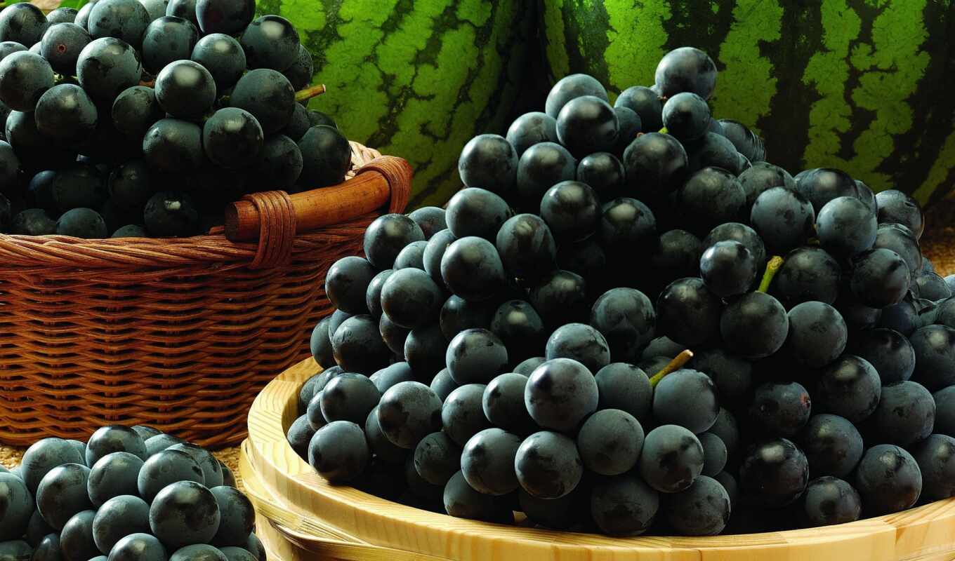 еда, плод, арбуз, корзина, виноград