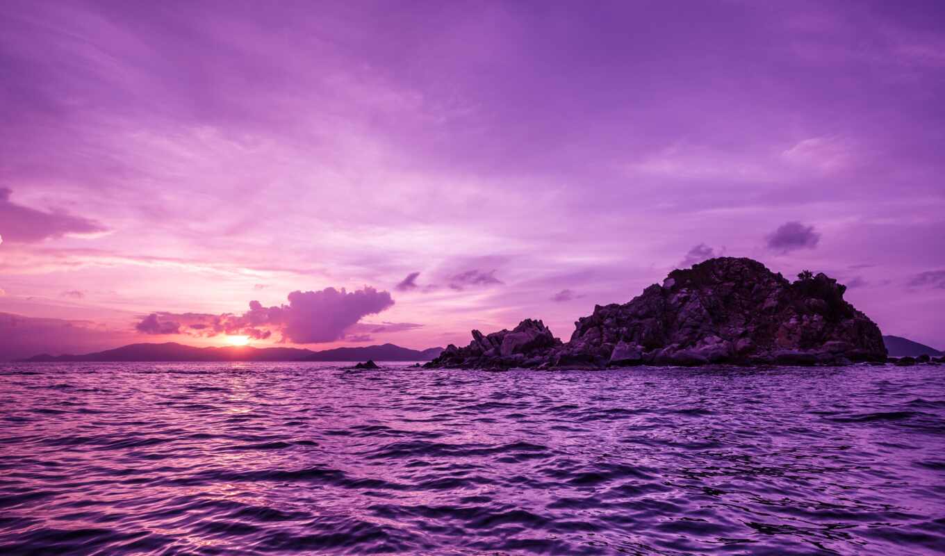 purple, закат, гора, landscape, море, остров