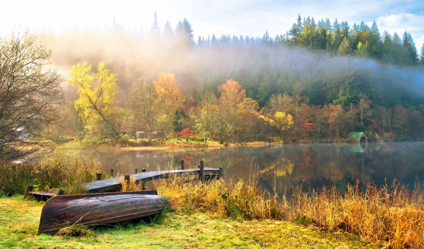 озеро, картинка, landscape, найти, осень, пасть, деревня, лодка, scene, тыс