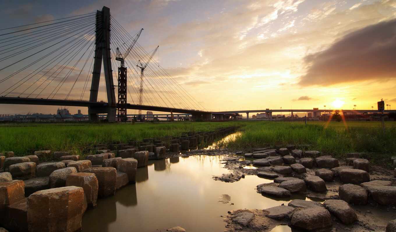 sunset, Bridge, construction