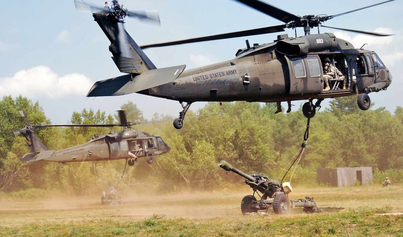 black, field, army, helicopter, hawk, artillery, howitzer, air transportation