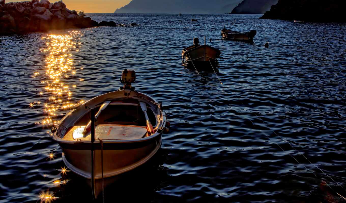 sunset, sea, a boat