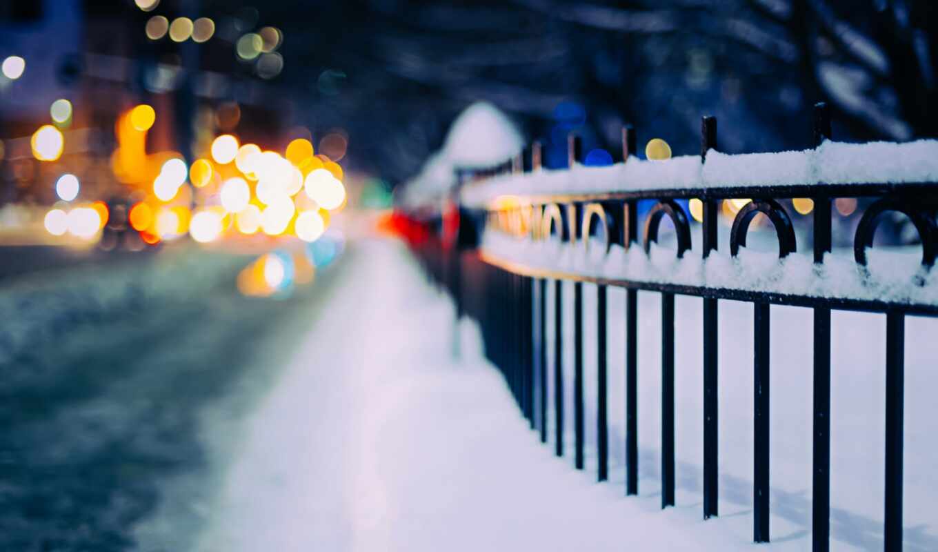 city, night, snow, winter, fence
