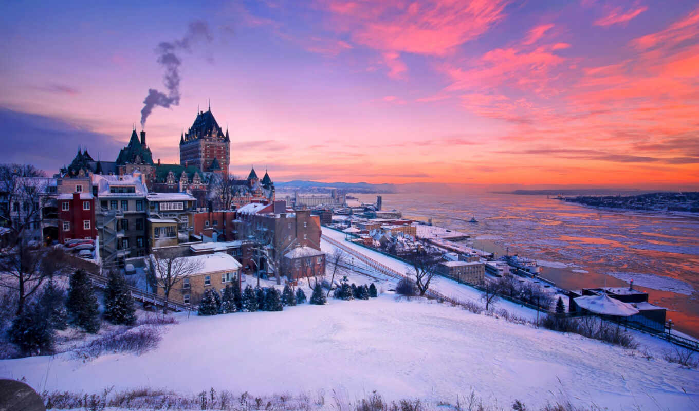 sky, home, sunset, snow, winter, Canada, river, build, id, lawrence, Quebec