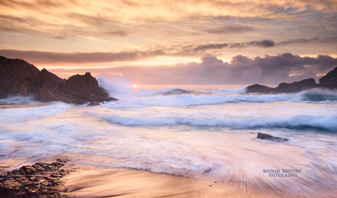 beautiful, sunrise, sea, irish, beautiful, waves, dawn, rocks