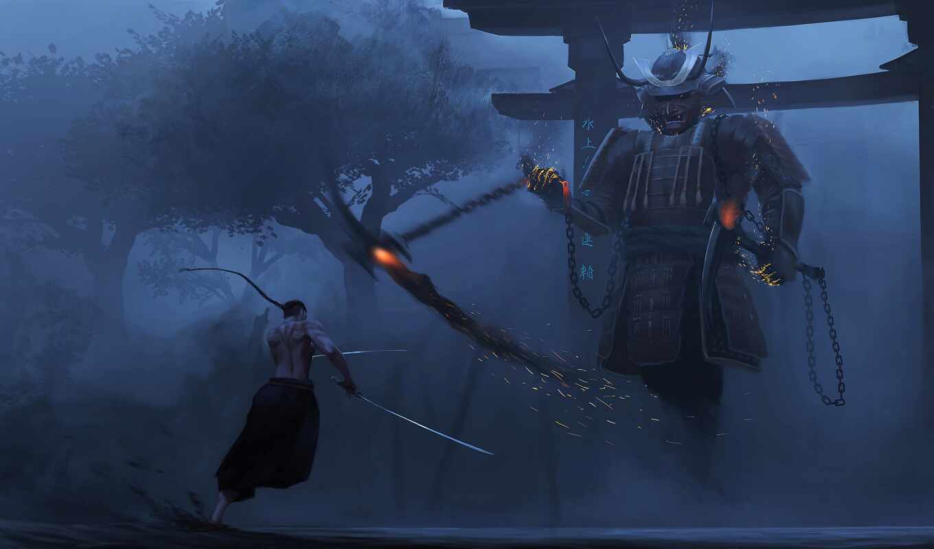 истребитель, улица, воин, самурай, доспех, artwork, бой, туман, attack, stand