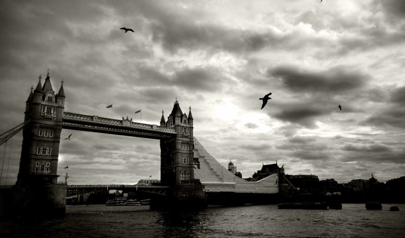 небо, black, white, город, мост, london, тауэрский