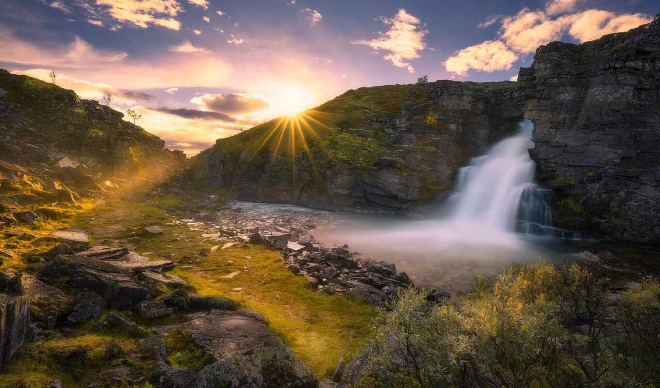 high - quality, sun, photos, waterfall, waterfalls, Norway, suns, rays, norwegian, rocks, ring cycle