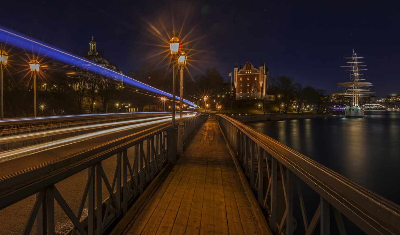 улица, мост, река, sweden, stockholm