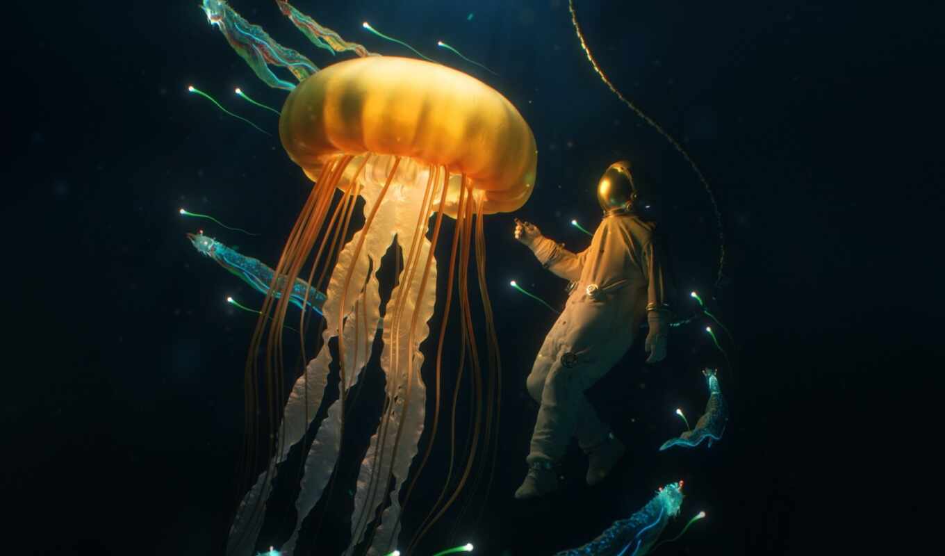 art, rendering, sea, deep, ocean, fish, jellyfish, depth, underwater