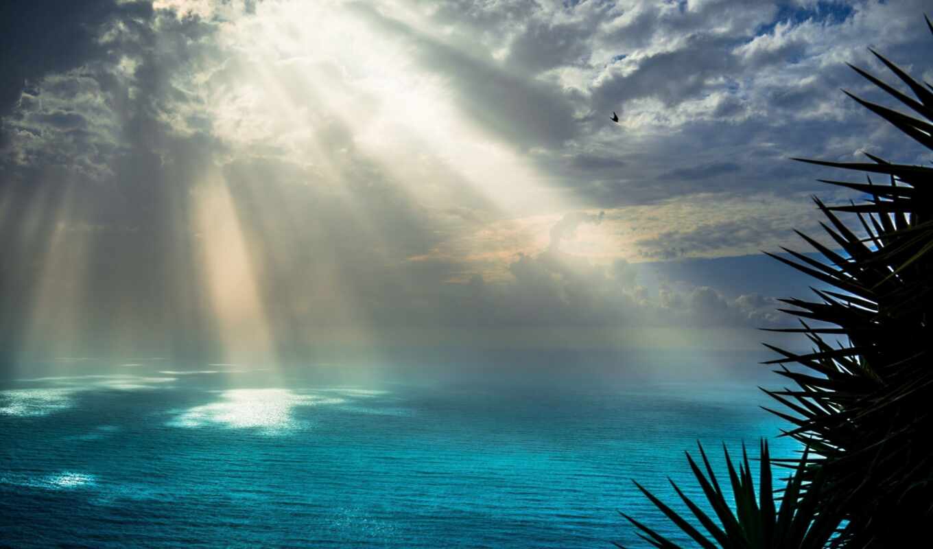 nature, sky, with, beautiful, sea, cloud, rays, oceans, solar beams