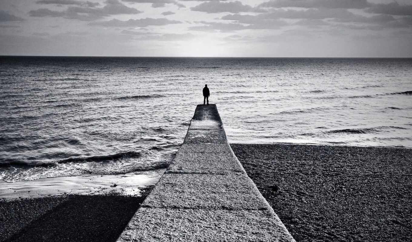 black, white, sea, read, human, title, horizon, coast, pier, loneliness