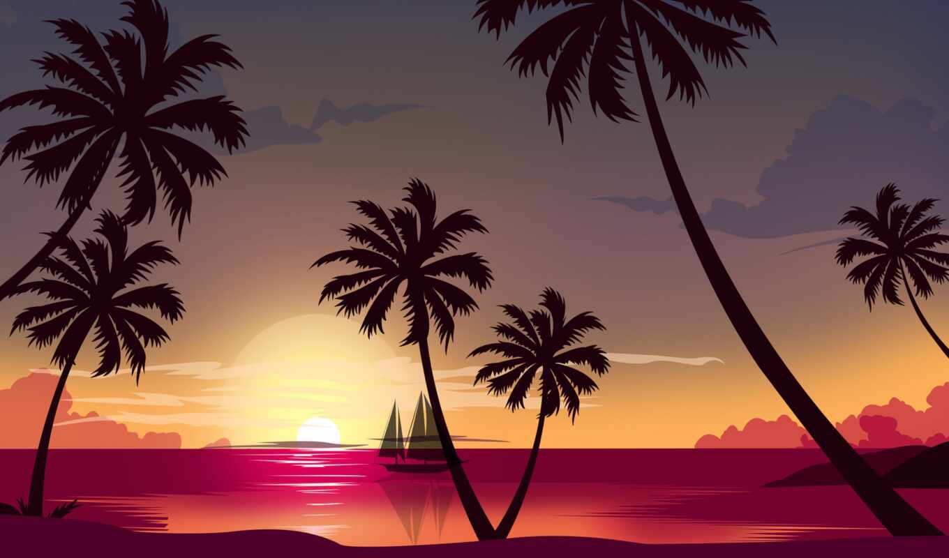 закат, море, palm