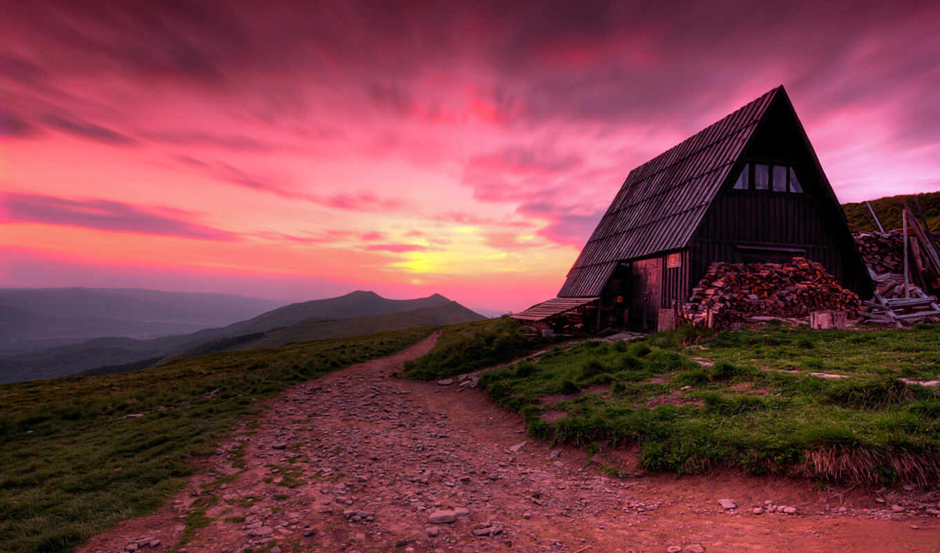 house, sunset, mountain, because