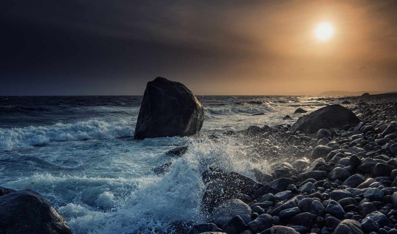 stone, sunset, beach, sea, gallery, coast, Norway, strait, rare, mother, skagerrak