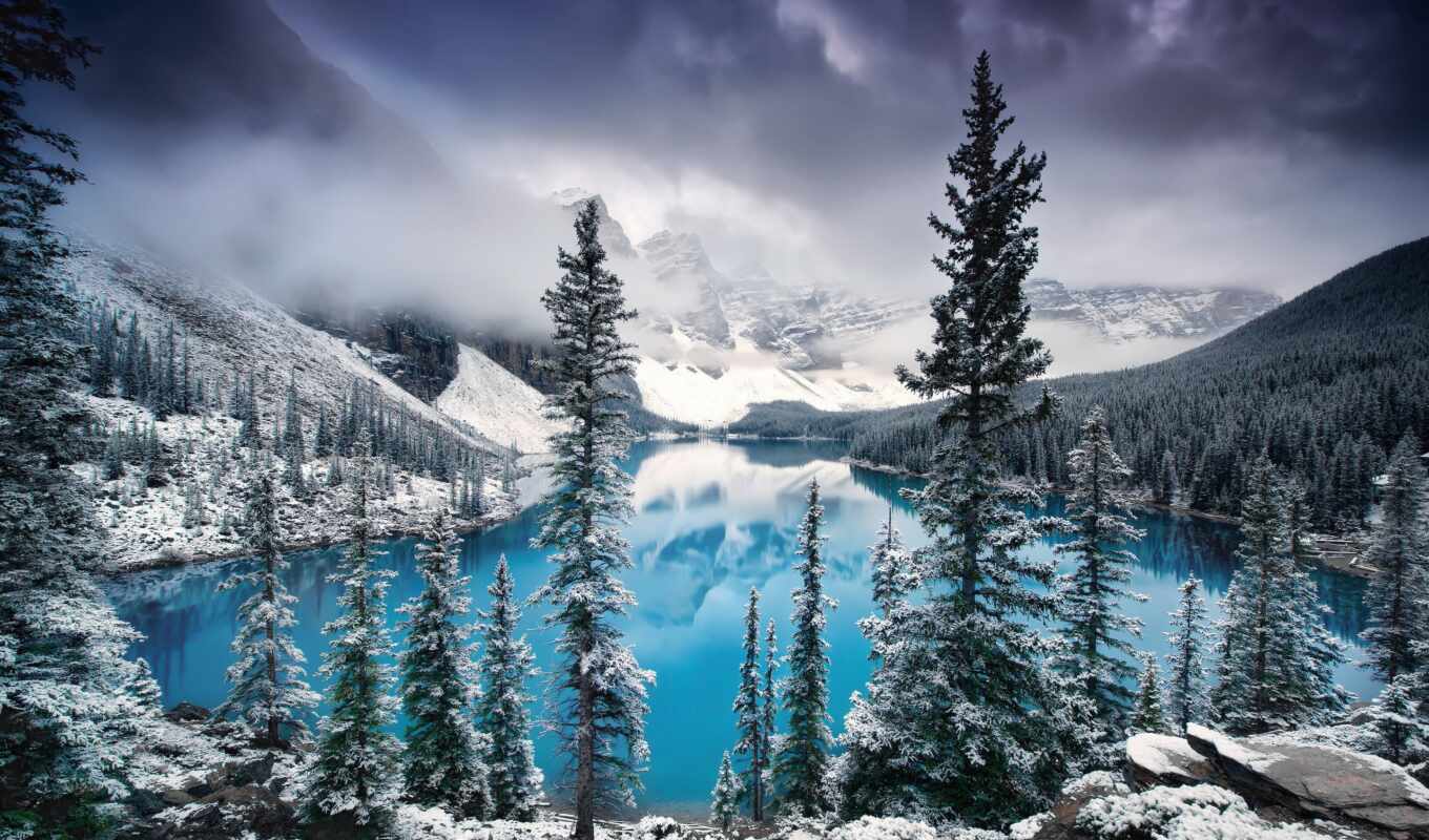 озеро, снег, winter, гора, канада, park, national, moraine, banff