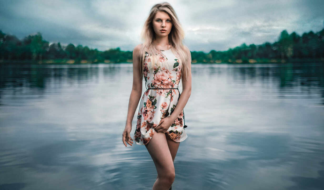 озеро, девушка, water, sexy, платье, short, franck, Лод
