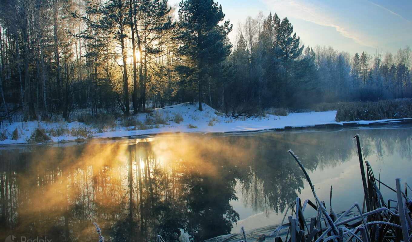 природа, свет, снег, winter, landscape, утро, река, trees, фоны