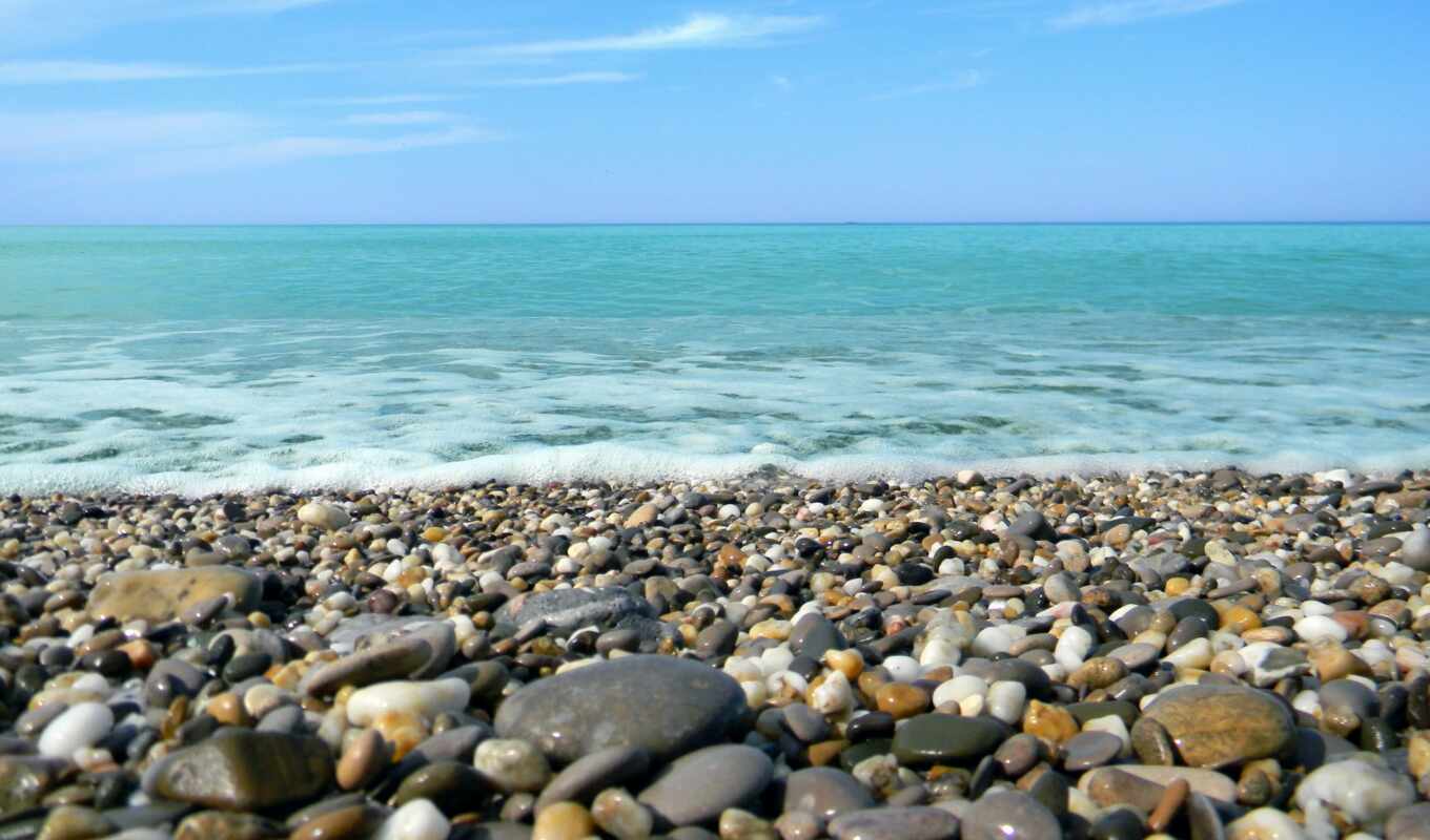 картинка, море, берег, галька, пенка, спокойствие, камни