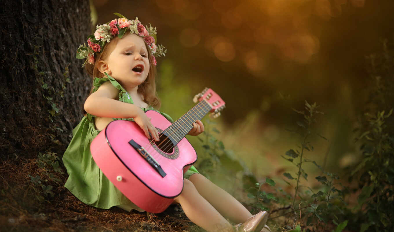 girl, guitar, little, genus, morning, kid, sit, blurring, a wreath