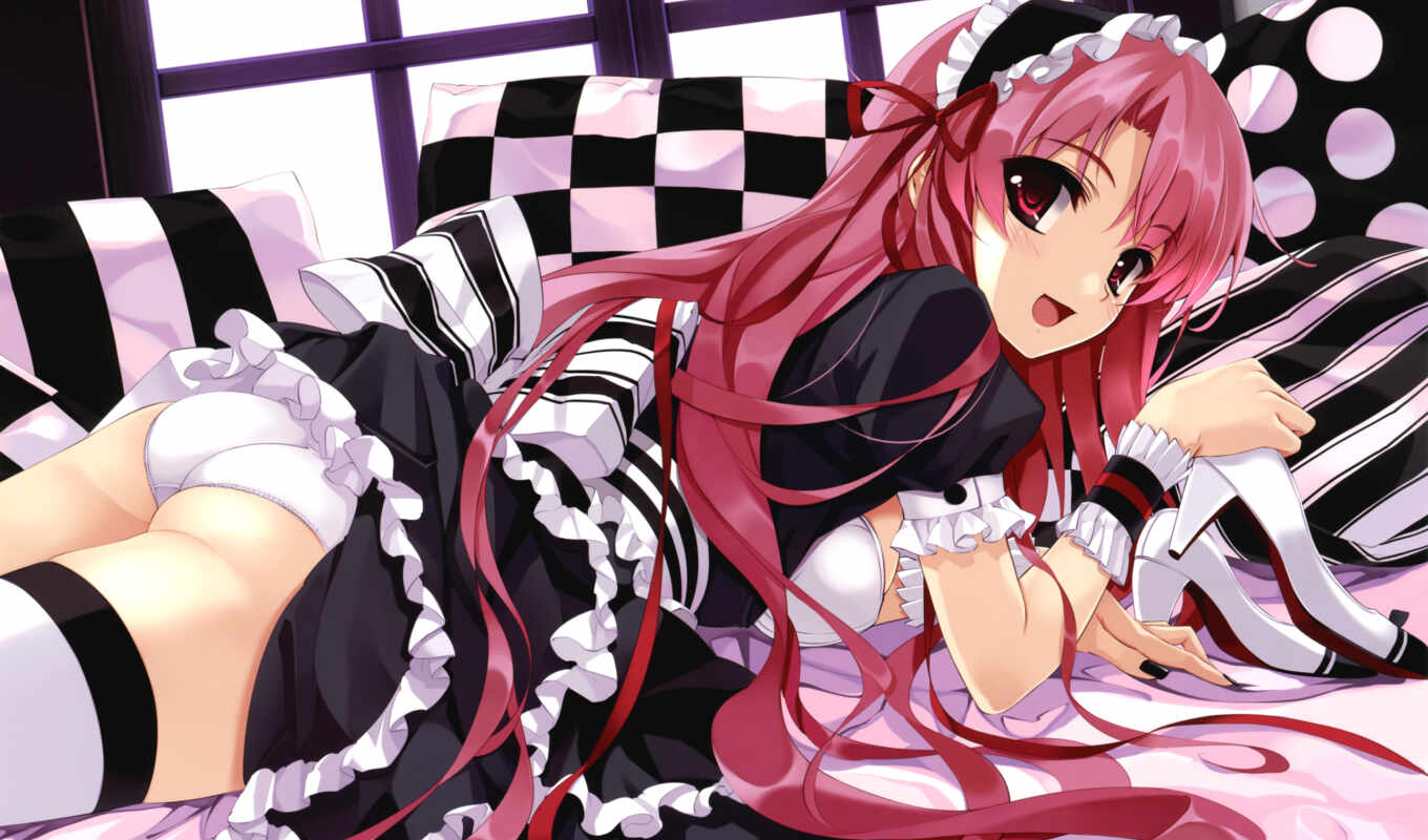 girl, picture, anime, hair, bed, maid, shoes, rim, long