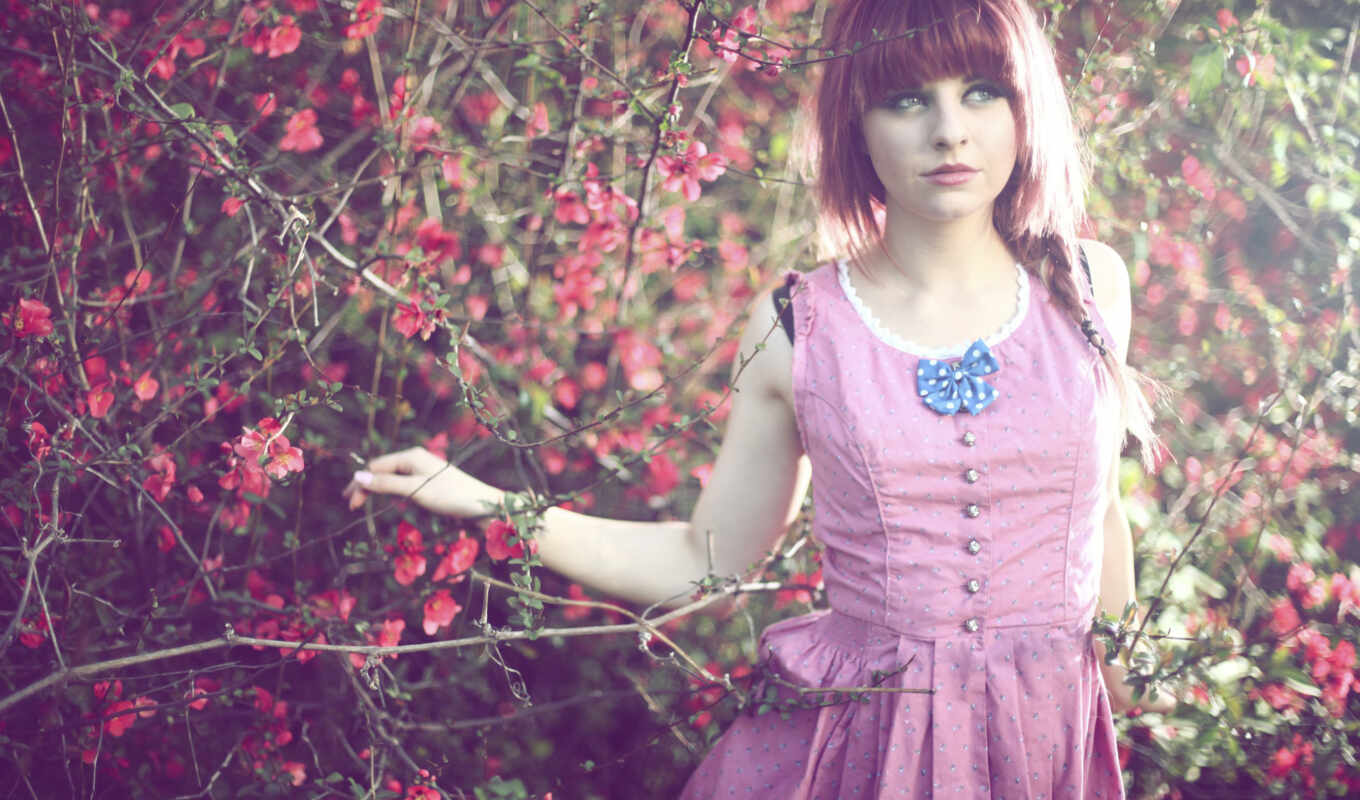 girl, background, tree, spring, bloom