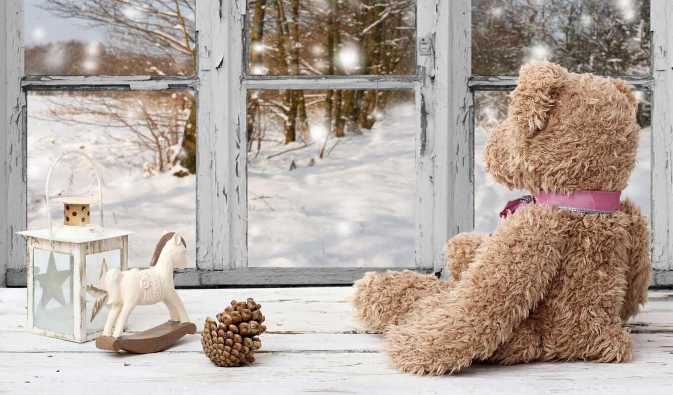 окно, снег, winter, school, christmas, медведь, снежинка, toy, lantern