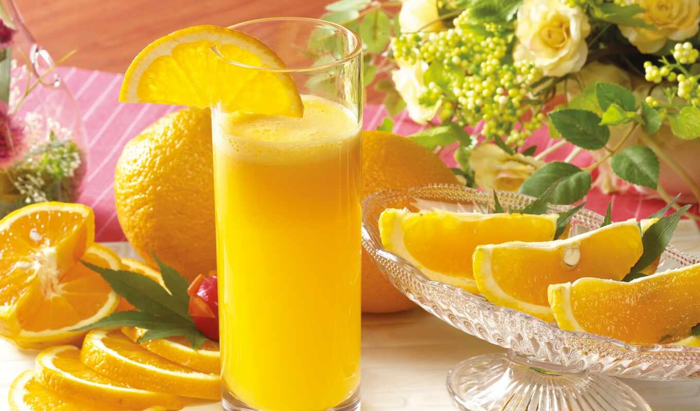 цветы, картинка, стакан, сок, апельсины