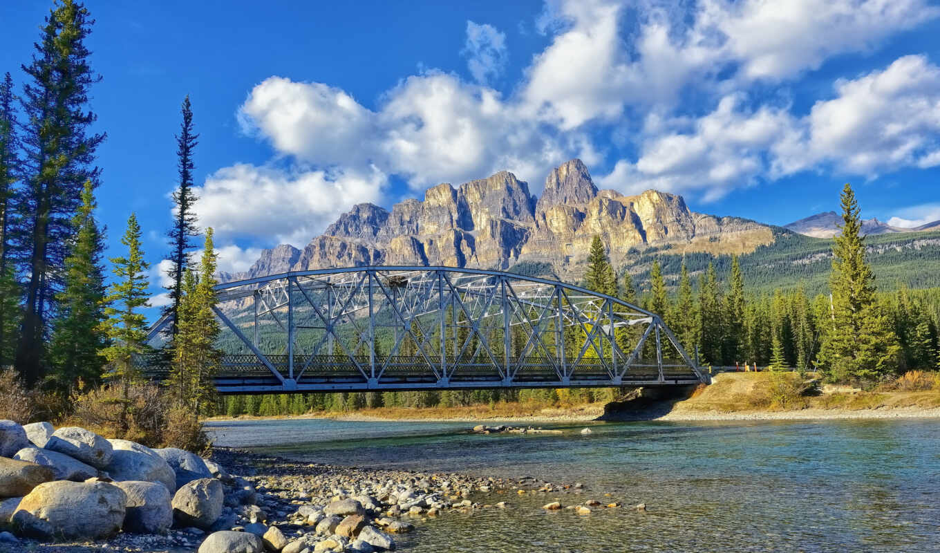 мост, канада, альберта, река, trees, mountains, камни, banff