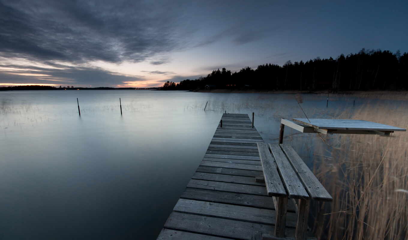 lake, sky, forest, evening, Bridge, sea, coast, trees, sweden, wooden