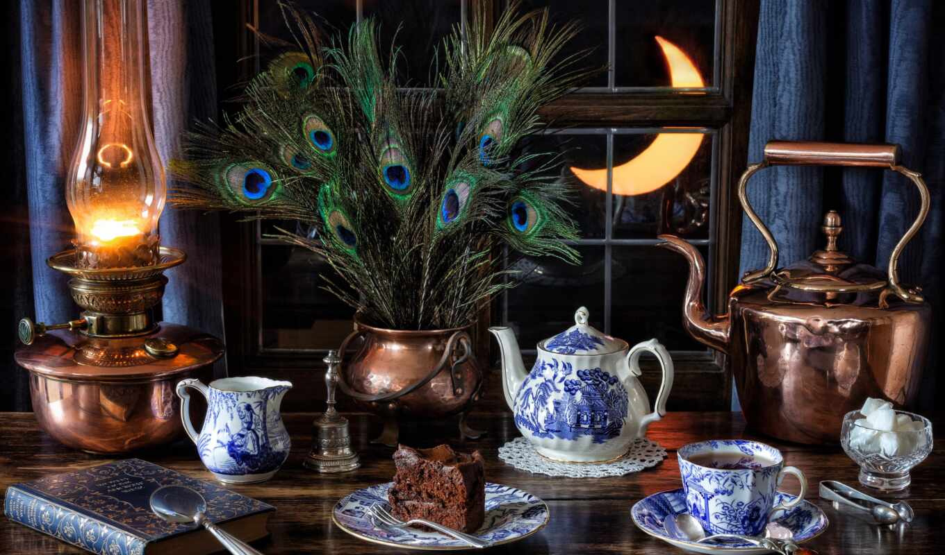 window, moon, diet, cup, tea, lamp, cup, feathers, teapot, still-life, pavels