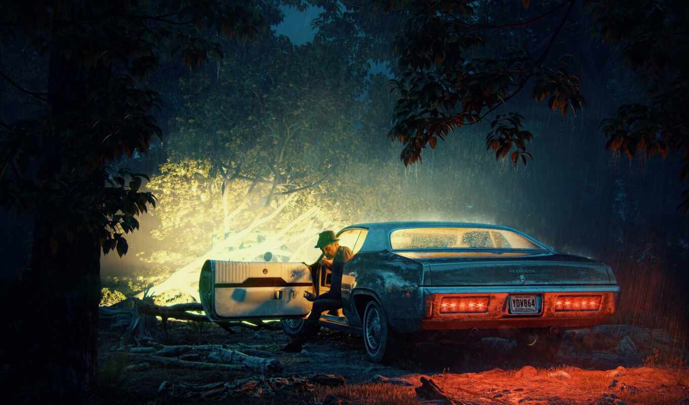 light, night, forest, car