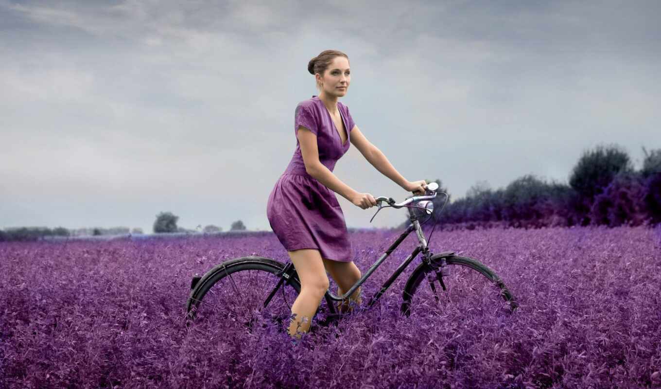 девушка, purple, платье, велосипед