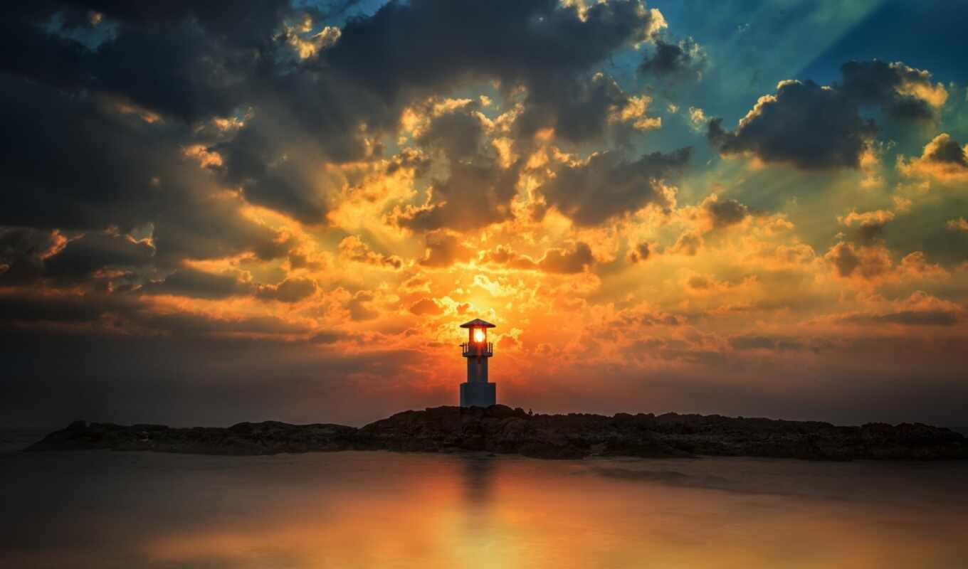 sunset, sea, lighthouse, thailand, lacquer
