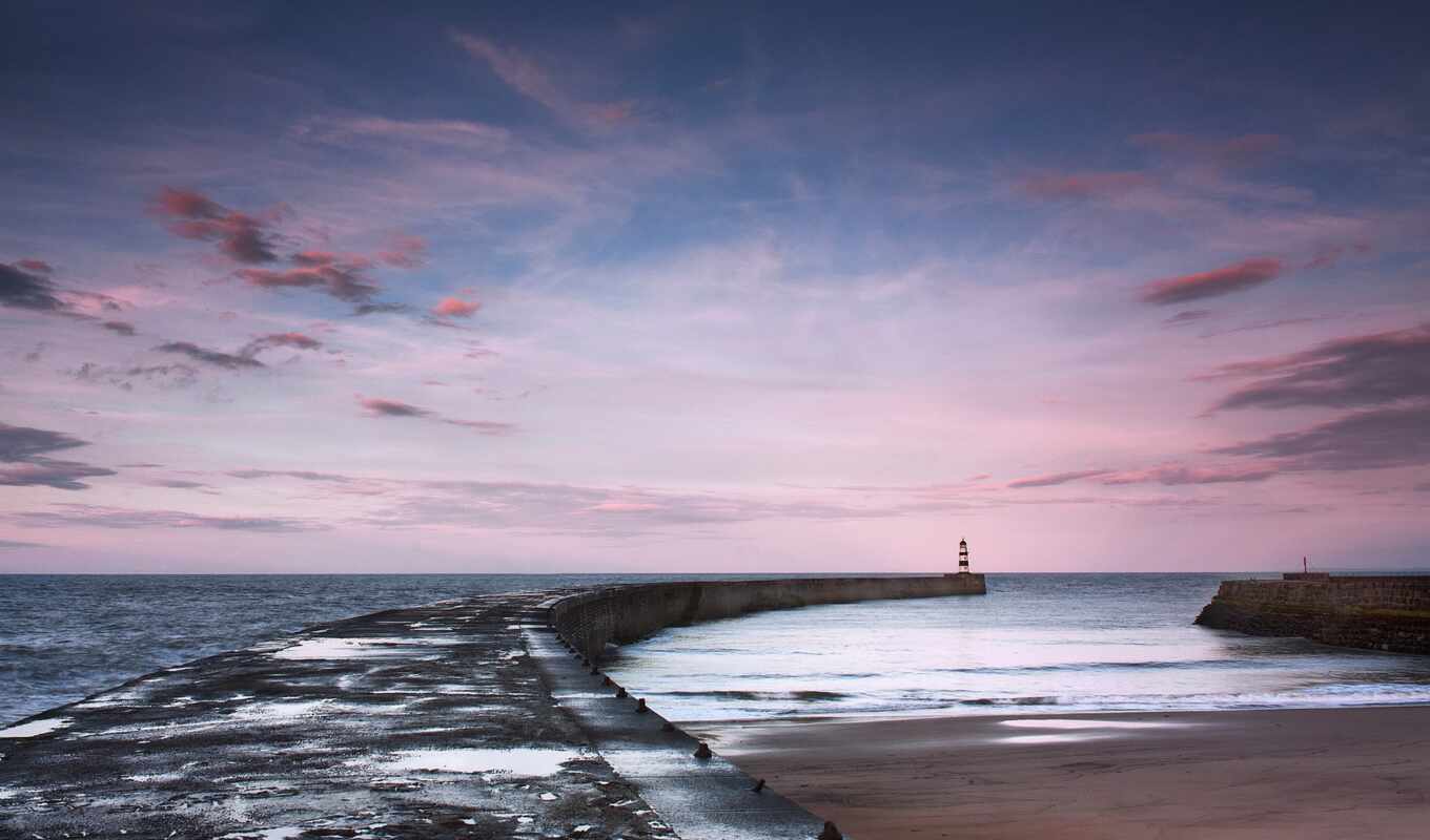 sky, mac, sea, lighthouse, pier, morning