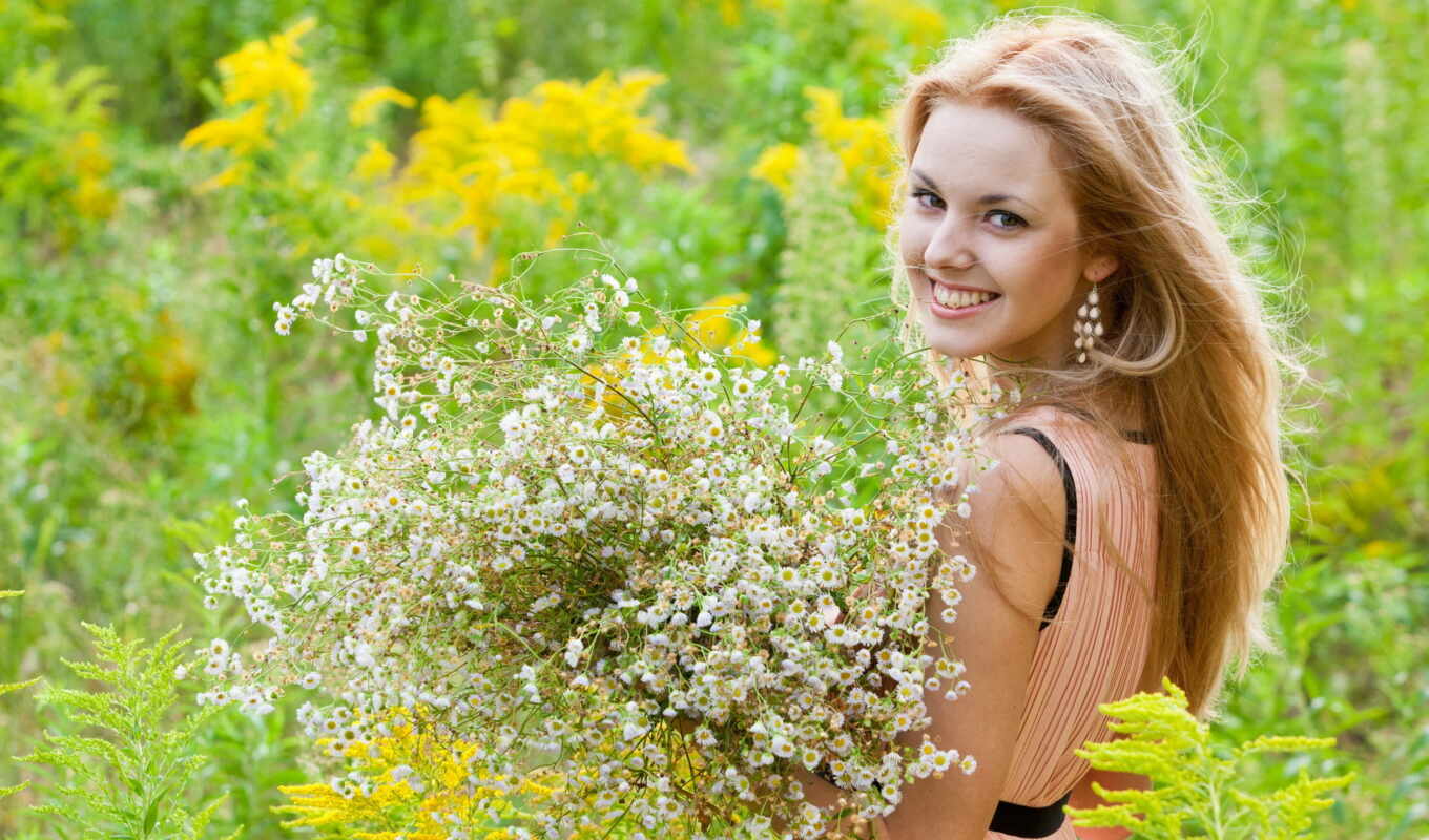 flowers, summer, field, earrings, smile, daisies